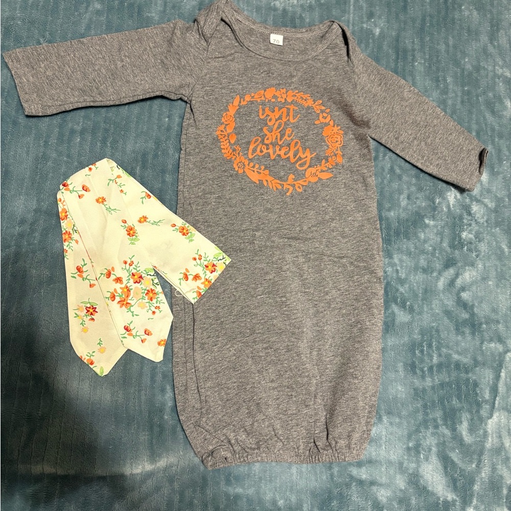 Gray Baby Gown with Floral Print headband 2for$20